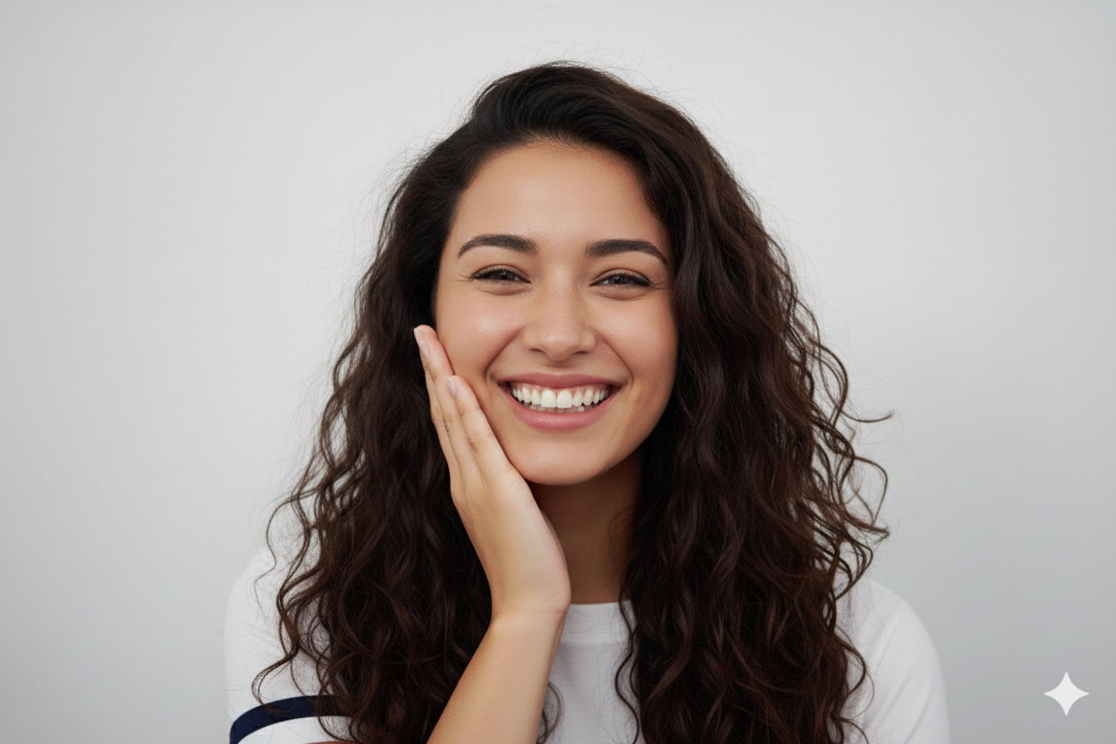 Woman with long dark hair smiling against a plain background