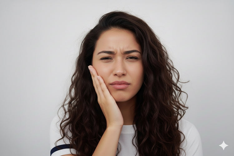 Woman with long dark hair holding her hand to her face against a plain background