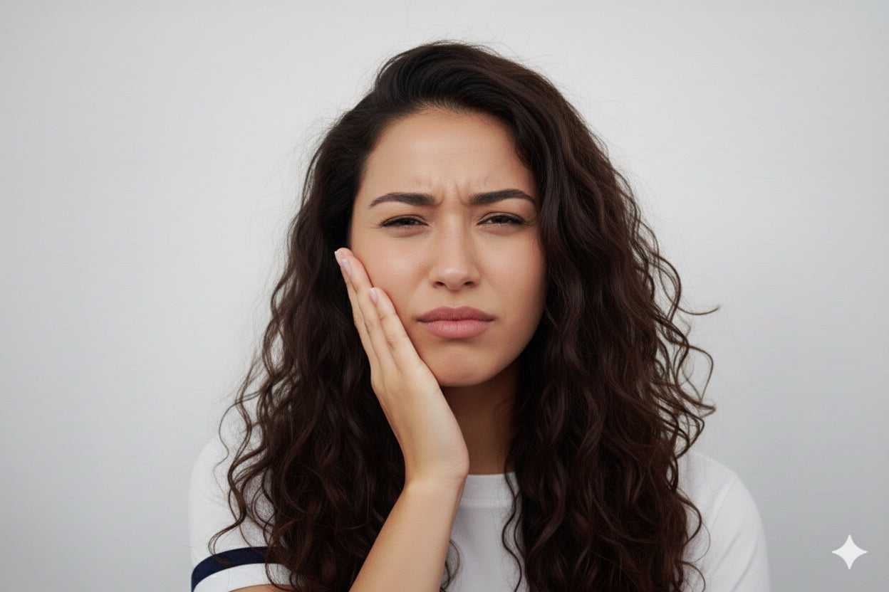 Woman with long dark hair holding her hand to her face against a plain background